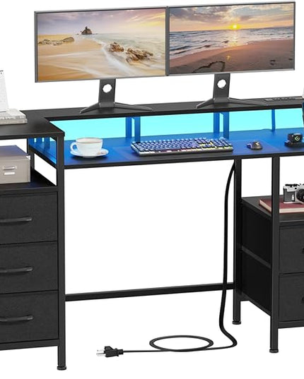 Computer Desk with Power Outlets & LED Lights, Gaming Desk with 5 Fabric Drawers for Bedroom, 47 Inch Home Office Desk with Monitor Stand & Storage Shelves for Working, Black - LeafyLoom