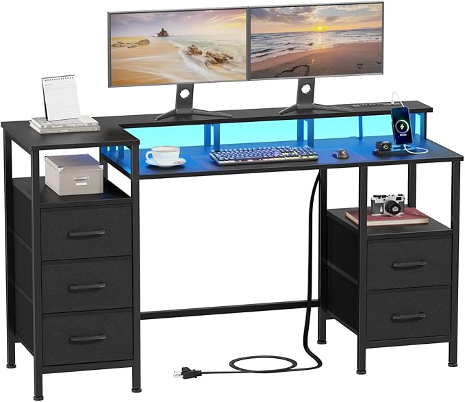 Computer Desk with Power Outlets & LED Lights, Gaming Desk with 5 Fabric Drawers for Bedroom, 47 Inch Home Office Desk with Monitor Stand & Storage Shelves for Working, Black - LeafyLoom