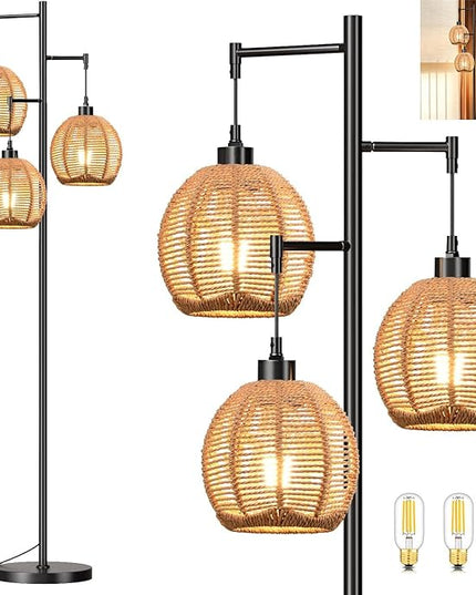 Floor Lamp for Living Room,Bedroom,Boho Rattan Floor Lights,Tree 3 Bulb Standing Lamp Farmhouse Industrial Black Tall Lamp,Wicker Bamboo Lamp Shade Flower Floor Lamps Bohemian Decor - LeafyLoom