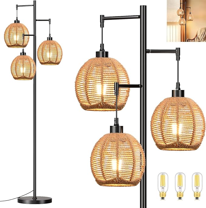 Floor Lamp for Living Room,Bedroom,Boho Rattan Floor Lights,Tree 3 Bulb Standing Lamp Farmhouse Industrial Black Tall Lamp,Wicker Bamboo Lamp Shade Flower Floor Lamps Bohemian Decor - LeafyLoom