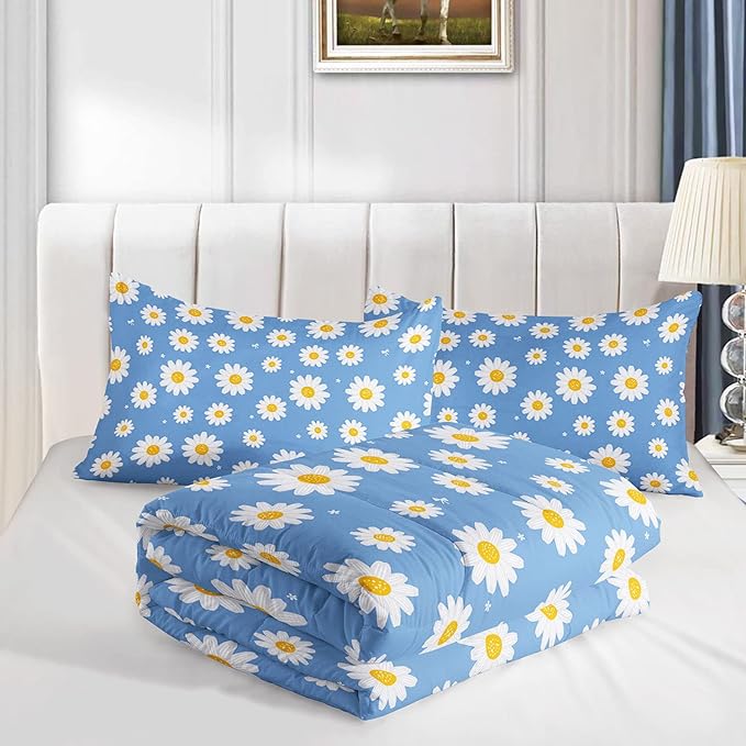 Datura home Flower Comforter Set Blue Daisy Floral Printed Pattern Quilt Bedding with 1 and 2 Pillowcases for Girls Women Bedroom All Season(Blue Queen) Queen 90x90inches - LeafyLoom