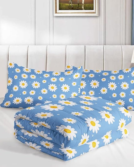 Datura home Flower Comforter Set Blue Daisy Floral Printed Pattern Quilt Bedding with 1 and 2 Pillowcases for Girls Women Bedroom All Season(Blue Twin) Twin 68x86inches - LeafyLoom