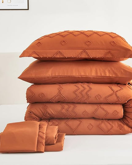 EMME Queen Comforter Set - 7 Pcs Pumpkin Boho Bedding Sets, Full Size Tufted Comforter with Sheets, Shabby Chic Embroidery Queen Bed Set Fluffy Bed Bag for All Season(90"X90") - LeafyLoom