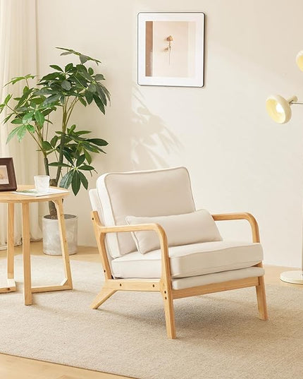 Bonnlo Coarse Beige Accent Chairs Set of 2, Upholstered Mid Century Modern Lounge Fabric Chairs Reading Chairs Side Sitting Chair Solid Wood Farmhouse Armchairs for Living Room, Bedroom, Guest Room - LeafyLoom