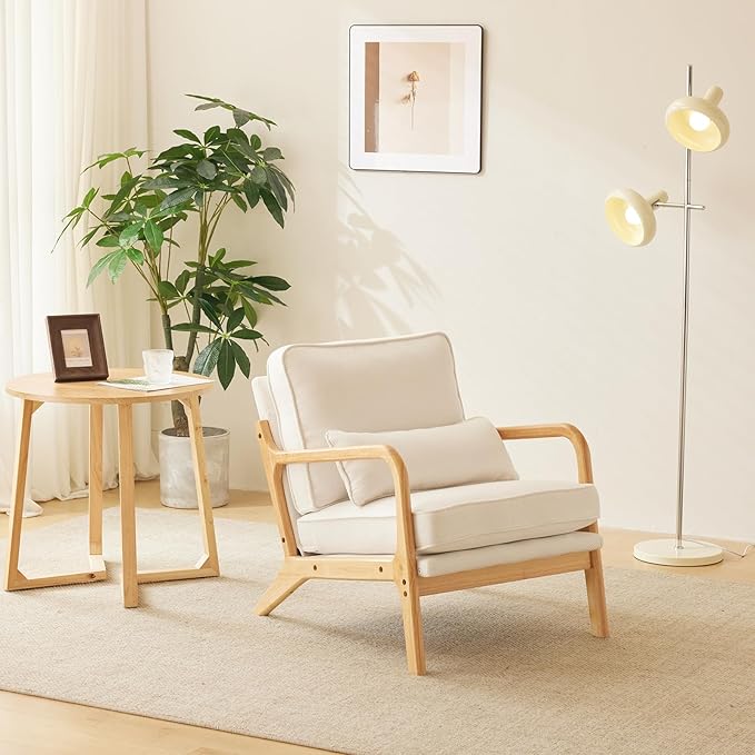 Bonnlo Coarse Beige Accent Chairs Set of 2, Upholstered Mid Century Modern Lounge Fabric Chairs Reading Chairs Side Sitting Chair Solid Wood Farmhouse Armchairs for Living Room, Bedroom, Guest Room - LeafyLoom