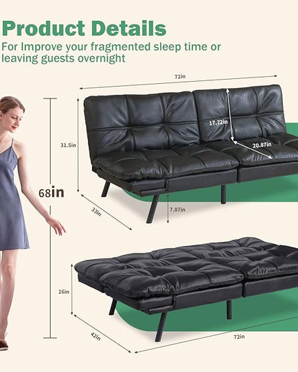 Futon Bed/Couch,Black Faux Leather Memory Foam Small Splitback Convert Backrests&Armrests,Easy to Clean Sofas, 71x33x31.5IN - LeafyLoom