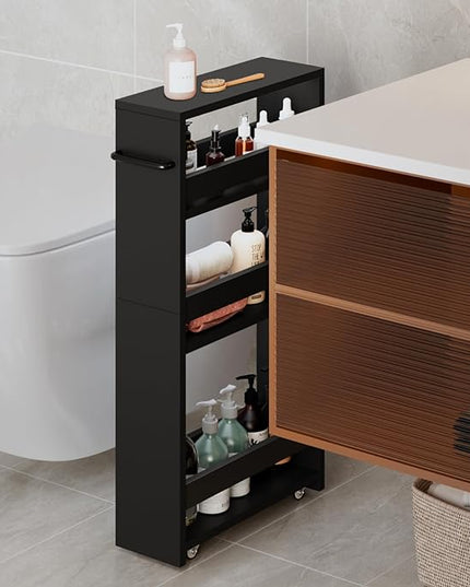 MARTY Slim Rolling Storage Cart 4-Tier Kitchen Cart on Wheels, Laundry Room Storage with Handle Slide Out Utility Cart Shelving Unit Organizer Trolley for Narrow Places Bathroom Small Corner, Black - LeafyLoom