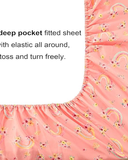 Mooreeke Full Size Comforter Sets for Girls Kids, 8 Pieces Bed in a Bag Pink Rainbow Flowers Bedding Comforter Sheet Set with Shams and Decorative Toy Pillow, Ultral Soft Microfiber Kids Bed Set - LeafyLoom