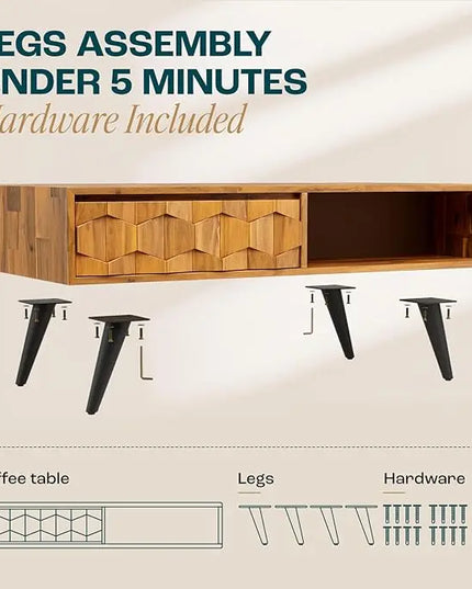 Bme Georgina Solid Wood Coffee Tables & Nightstands with Geometric Details, 2 Drawers - LeafyLoom