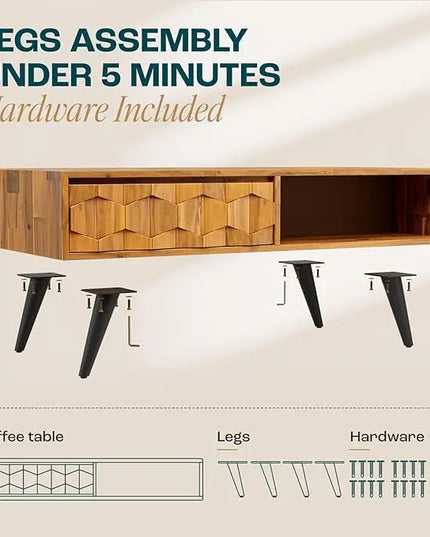 Bme Solid Wood Coffee Table with Storage Drawers & Console Table with Geometric Details, 2 Drawers Each, Brown - LeafyLoom