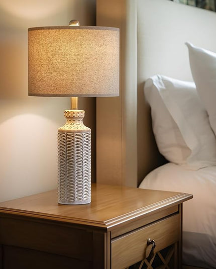 24.75'' Farmhouse Cream-White Ceramic Single Table Lamp for Bedroom Living Room Vintage Traditional Rustic Modern Nightstand Bedside Lamps - LeafyLoom