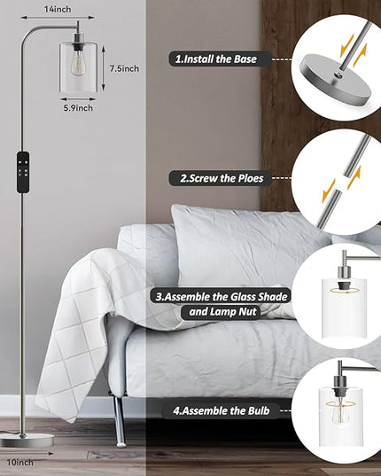 PAZZO LED Floor Lamp, Industrial Standing Lamp with Glass Lampshade, Ideal for Living Room, Bedroom, and Office,Silver(includes Remote Control) - LeafyLoom