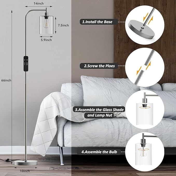 PAZZO LED Floor Lamp, Industrial Standing Lamp with Glass Lampshade, Ideal for Living Room, Bedroom, and Office,Silver(includes Remote Control) - LeafyLoom