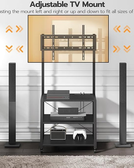 HOOBRO Rolling TV Stand with Mount and Power Outlet Up to 55 inch TVs, Corner Entertainment Center, Small TV Stand with 3-Tier Storage Shelves for Living Room, Bedroom, Black BB66UDS01 - LeafyLoom