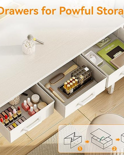 AODK Vanity Desk without Mirror, Makeup Vanity with 3 Fabric Drawers, White Vanity Desk Dressing Vanity Table with Charging Station, 40 Inch Large Girl Vanity, Desk Make Up Vanity for Girls, White - LeafyLoom
