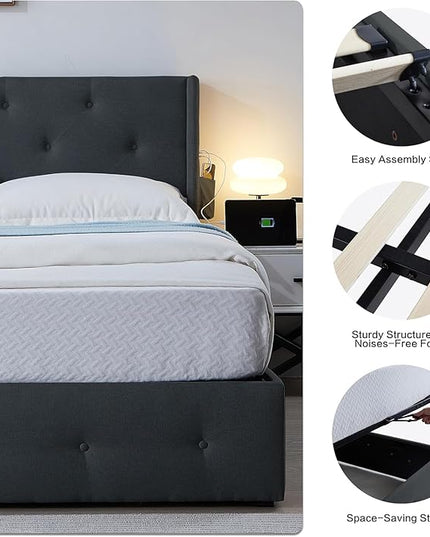 Queen Lift Up Storage Bed Frame, Button Tufted Wingback Headboard with USB Ports,Hydraulic Storage, Wood Slats Support, No Box Spring Needed, Noise-Free - LeafyLoom