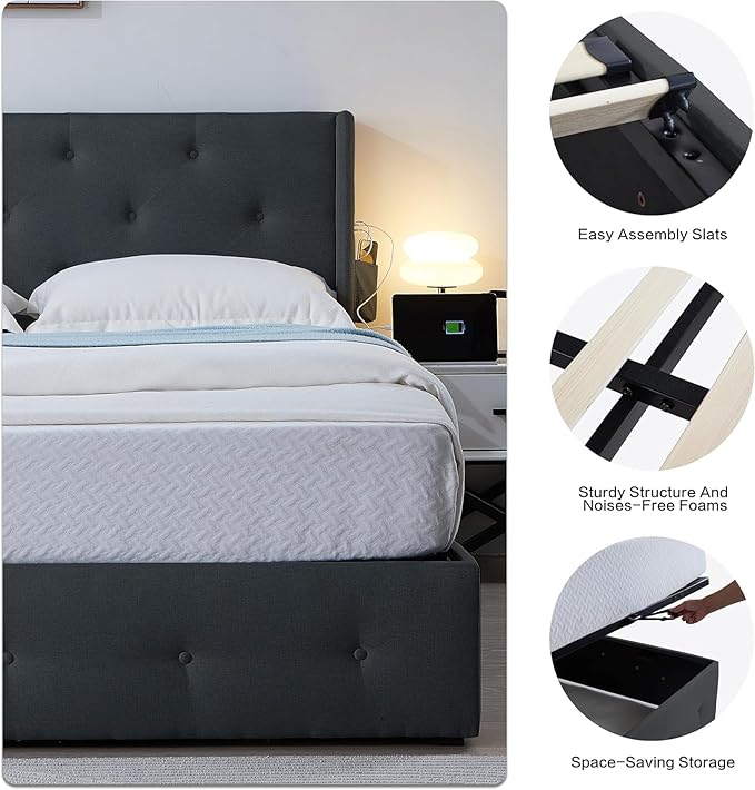 Queen Lift Up Storage Bed Frame, Button Tufted Wingback Headboard with USB Ports,Hydraulic Storage, Wood Slats Support, No Box Spring Needed, Noise-Free - LeafyLoom