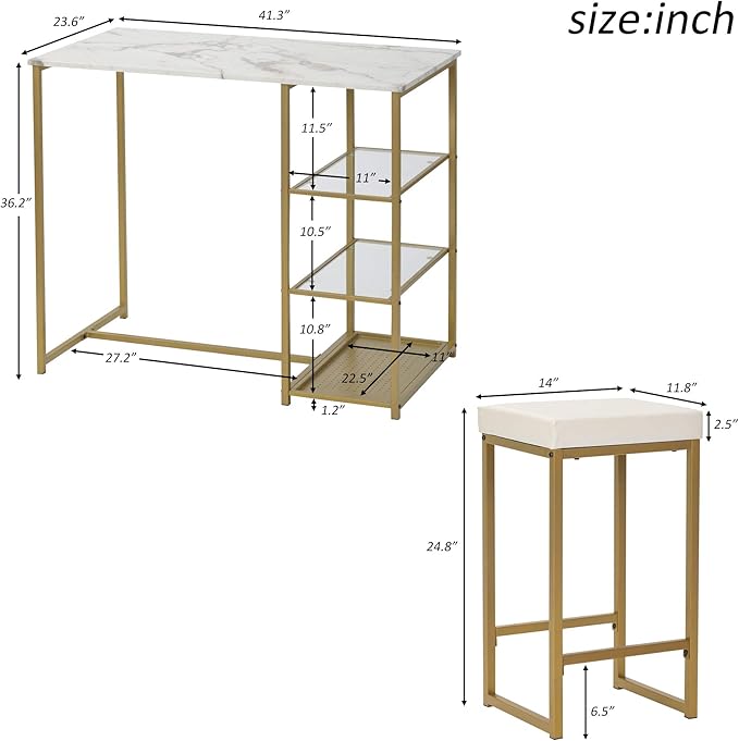 Merax 3-Piece White/Gold Modern Pub Set Counter Height Breakfast Table with 4 Bar Stool for Kitchen Dining Room - LeafyLoom