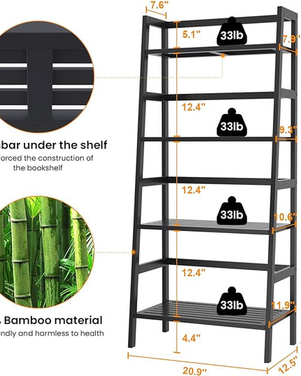 Homykic Bamboo Bookshelf 4-Tier Ladder Shelf, 49.2” Freestanding Open Bookcase Book Shelf Bathroom Storage Shelf Unit Plant Stand for Small Space, Living Room, Bedroom, Home Office, Black - LeafyLoom