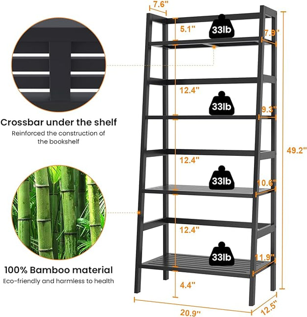 Homykic Bamboo Bookshelf 4-Tier Ladder Shelf, 49.2” Freestanding Open Bookcase Book Shelf Bathroom Storage Shelf Unit Plant Stand for Small Space, Living Room, Bedroom, Home Office, Black - LeafyLoom