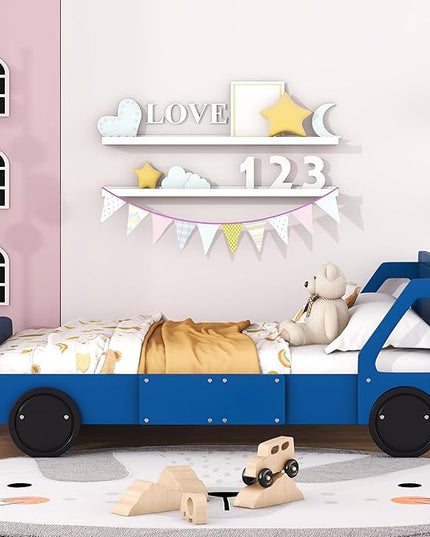 Full Size Car-Shaped Platform Bed with Wheels,Wood Bedframe W/Rails on Both Sides & Slat Support,No Box Spring Needed,Fun Play for Boys Kids Toddlers Child's Bedroom,Blue - LeafyLoom