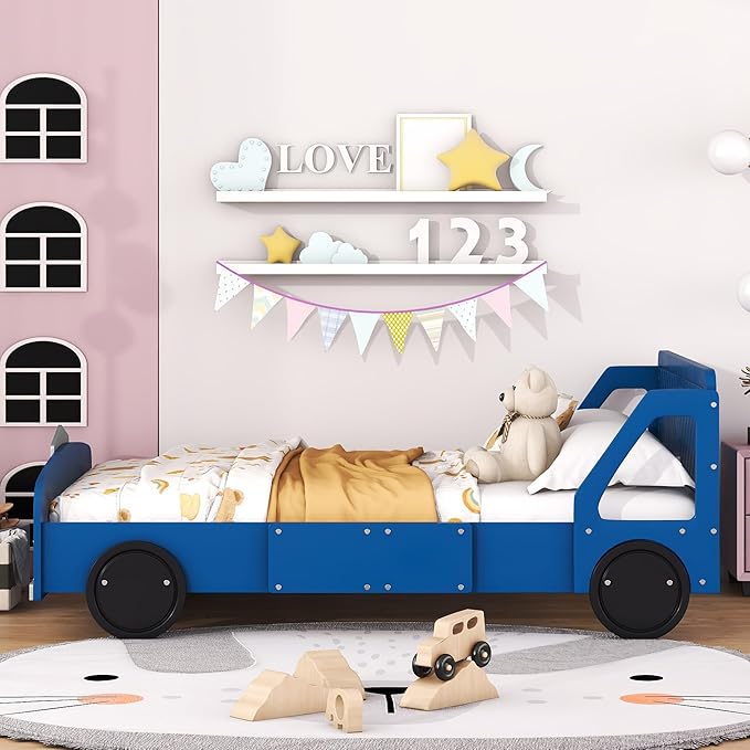 Full Size Car-Shaped Platform Bed with Wheels,Wood Bedframe W/Rails on Both Sides & Slat Support,No Box Spring Needed,Fun Play for Boys Kids Toddlers Child's Bedroom,Blue - LeafyLoom