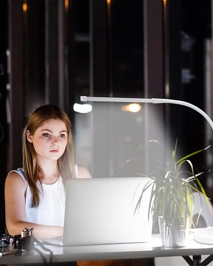 LED Desk Lamp, Swing Arm Architect Task Lamp with Long Flexible Gooseneck, Heavy Base, 3 Color Modes, 10 Brightness Levels, and USB Adapter, Desk Light for Home/Office/Drafting/Reading - LeafyLoom