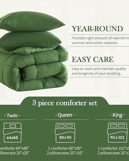 WhatsBedding Queen Comforter Set,Olive Green Lightweight 3 Pieces Bedding Set for All Season Soft Down Alternative Bed Set with 2 Pillowcases, Queen Size, 88"x90" - LeafyLoom