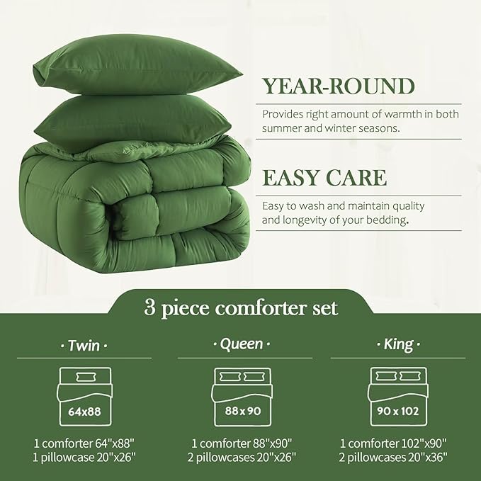 WhatsBedding King Comforter Set,Olive Green Lightweight 3 Pieces Bedding Set for All Season Soft Down Alternative Bed Set with 2 Pillowcases, King Size, 102"x90" - LeafyLoom