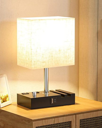 Bedside Lamps for Bedroom Set of 2, Kakanuo Fully Dimmable Small Beige Nightstand Lamps with USB C Ports and 2 Charging Outlets, Wooden Table Lamp with Phone Stands for Living Room, LED Bulbs Included - LeafyLoom