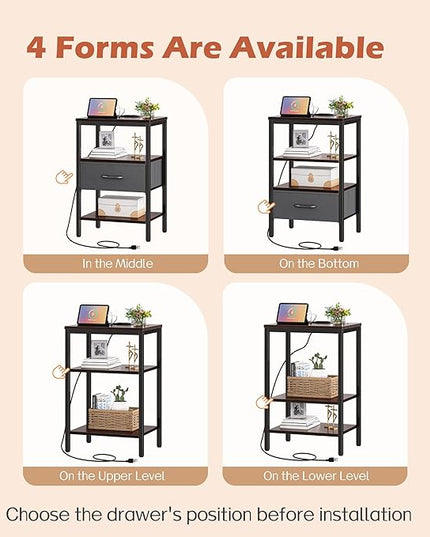 SUPERJARE Nightstand Set of 2, Bed Side Tables with Charging Station, Adjustable Fabric Drawer, Night Stand for Bedroom, 3-Tier Storage End Tables, Walnut - LeafyLoom