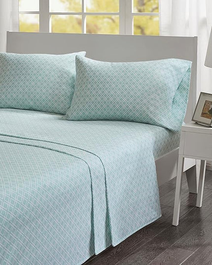 Comfort Spaces Cotton Flannel Breathable Warm Deep Pocket Sheets with Pillow Case Bedding, Full, Aqua Geo 4 Piece - LeafyLoom