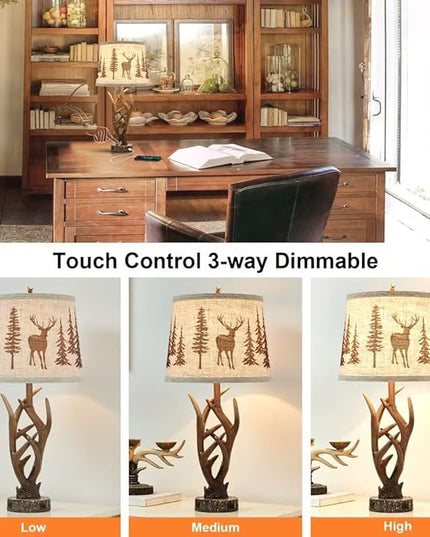 Dungoo 26" Touch Control Antler Table Lamps Set of 2, 3-Way Dimmable Rustic Lamp with 2 USB Ports, Natural Antler Lamp with Deer Forest Lampshade Farmhouse Lamps for Living Room Foyer - LeafyLoom