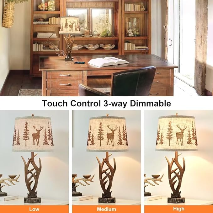 Dungoo 26" Touch Control Antler Table Lamps Set of 2, 3-Way Dimmable Rustic Lamp with 2 USB Ports, Natural Antler Lamp with Deer Forest Lampshade Farmhouse Lamps for Living Room Foyer - LeafyLoom