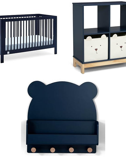 Delta Children babyGap Charlie 6-in-1 Convertible Crib + Brannan Bear Bookcase with Bins + Brannan Bear Wall Shelf with 4 Hooks, Navy (Bundle) - LeafyLoom
