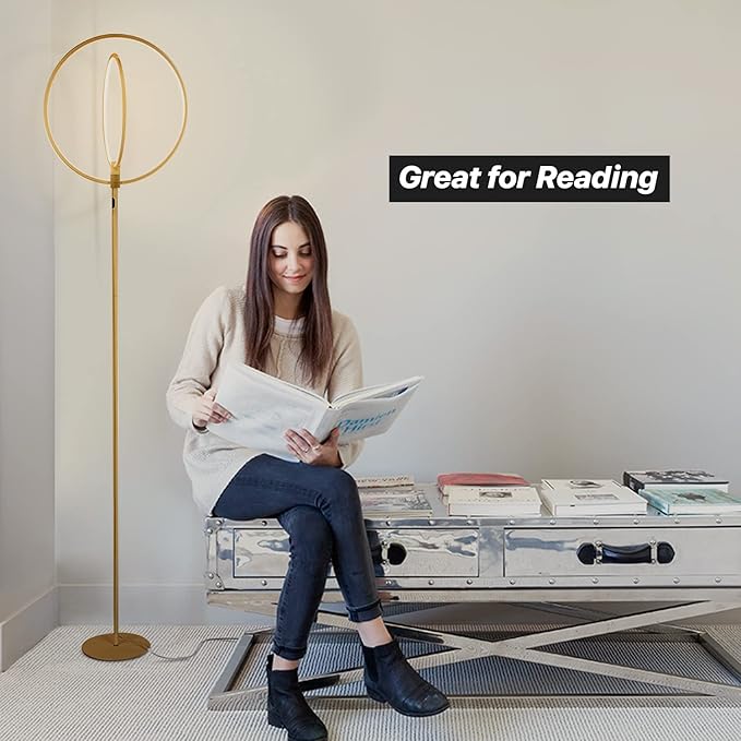 Brightech Eclipse Modern LED Torchiere Floor Lamp - Very High Brightness, Indoor Lamp - Living Room Standing Light - Alternative to Halogen - Built in Touch Dimmer - Gold/Brass - LeafyLoom