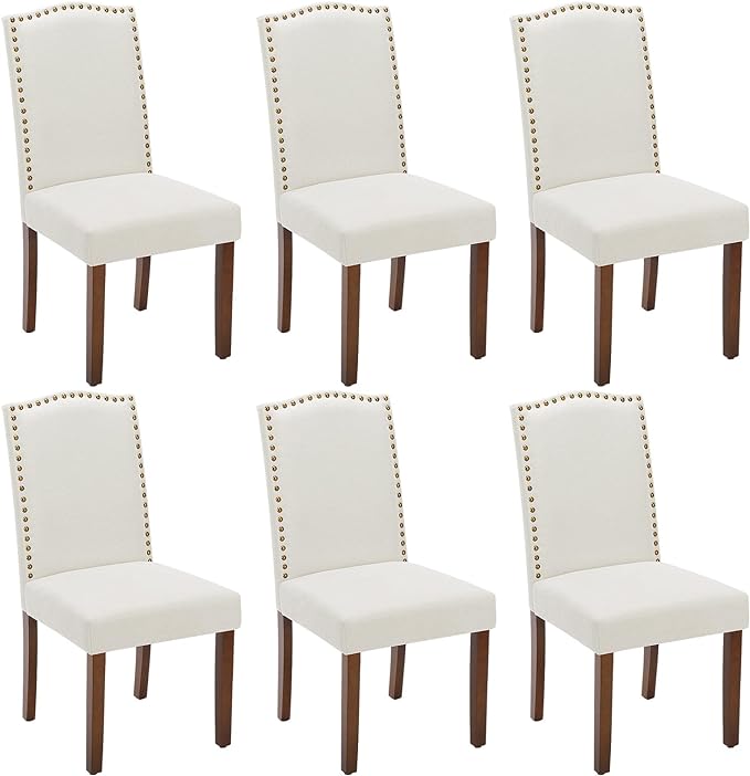 DUMOS Dining Chairs Set of 6, Fabric Dining Room Chairs, Upholstered Parsons Chairs with Nailhead Trim and Wood Legs, Kitchen Side Chair for Dining Living Room,Bedroom - Beige - LeafyLoom