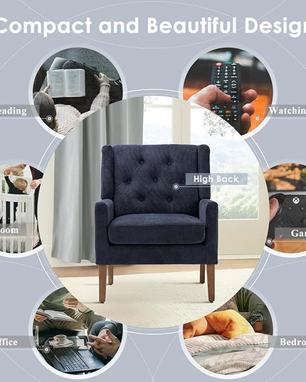 COLAMY Mid-Century Accent Chairs, Modern Wingback Living Room Chair, Upholstered Armchair with Button Tufted Back and Wood Legs for Bedroom/Office/Reading Spaces, Blue - LeafyLoom