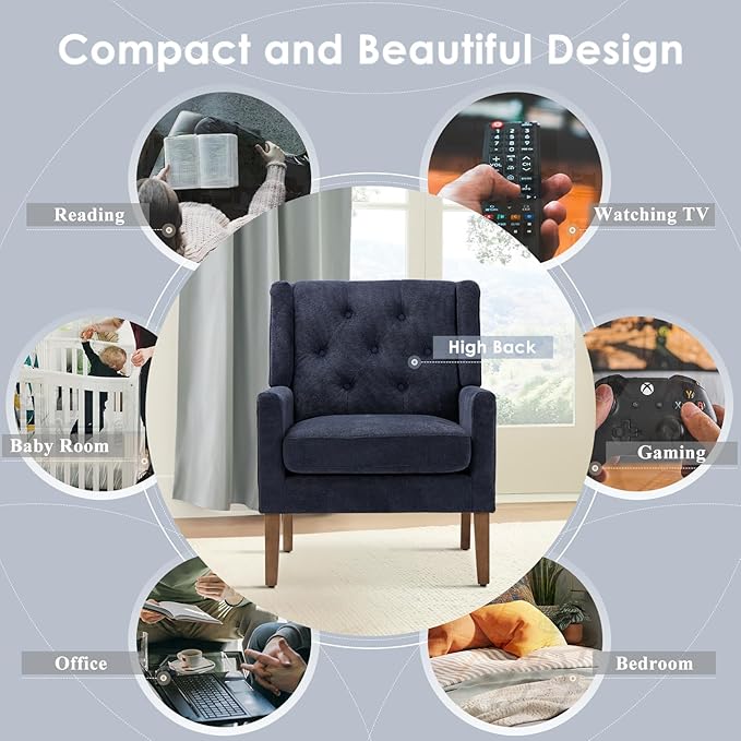 COLAMY Mid-Century Accent Chairs, Modern Wingback Living Room Chair, Upholstered Armchair with Button Tufted Back and Wood Legs for Bedroom/Office/Reading Spaces, Blue - LeafyLoom