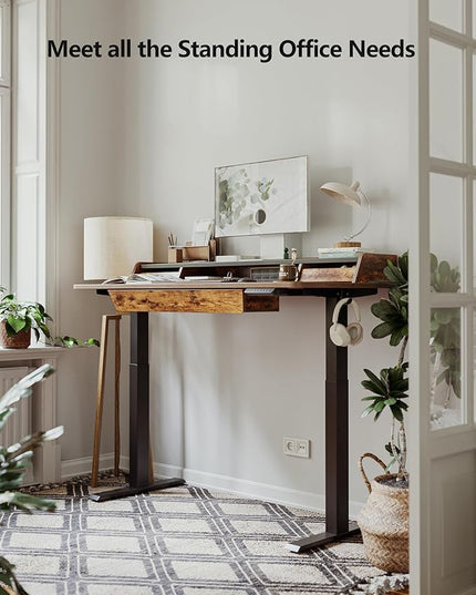 BANTI 48 x 24 Inch Electric Standing Desk with 3 Drawers, Adjustable Height Stand Up Desk, Sit Stand Home Office Desk with Storage Shelf, Rustic Brown Top - LeafyLoom