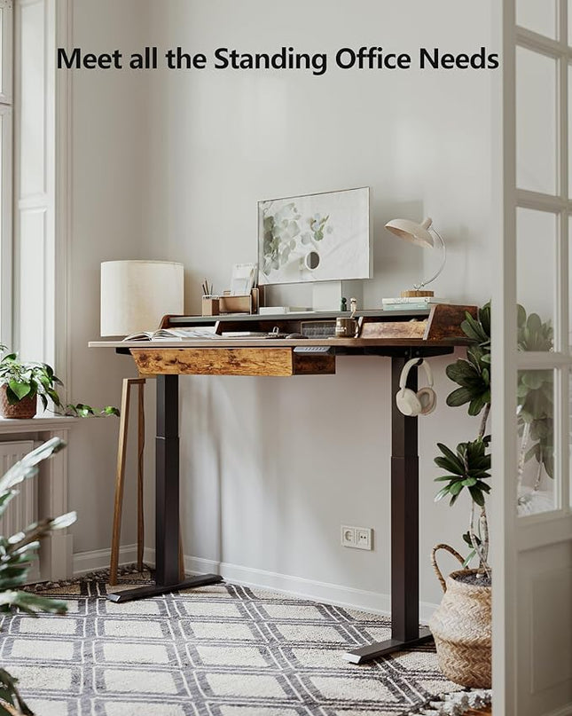 BANTI 48 x 24 Inch Electric Standing Desk with 3 Drawers, Adjustable Height Stand Up Desk, Sit Stand Home Office Desk with Storage Shelf, Rustic Brown Top - LeafyLoom