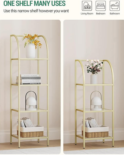 Bookcase Bookshelf, Tempered Glass Arched Bookshelf for More Storage, Slim Shelving Unit for Bedroom, Bathroom, Home Office, Steel Frame, 3 Tier Gold BC20399G - LeafyLoom
