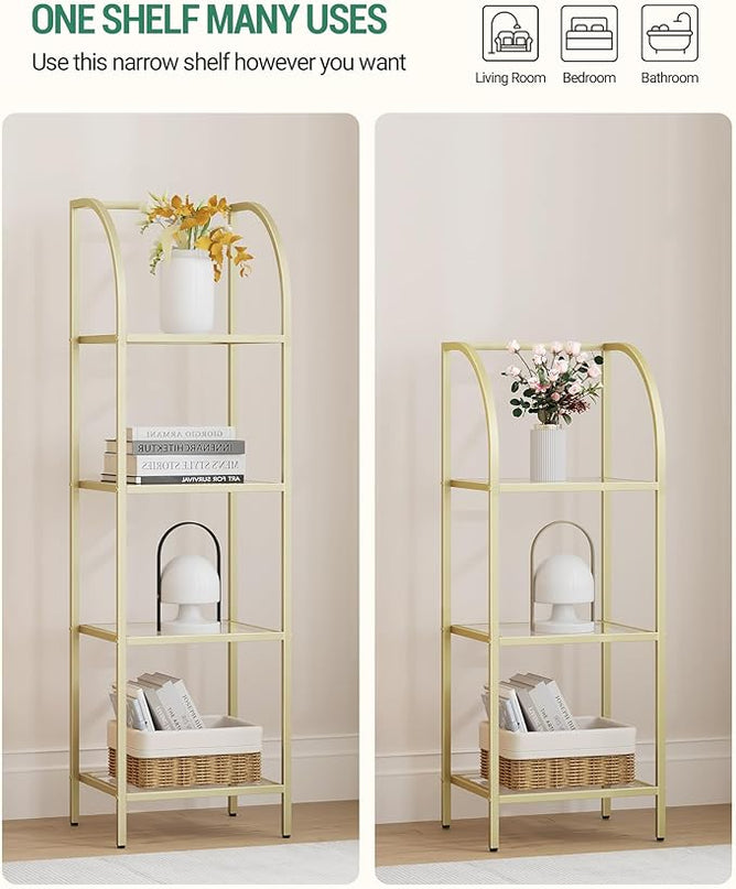 Bookcase Bookshelf, Tempered Glass Arched Bookshelf for More Storage, Slim Shelving Unit for Bedroom, Bathroom, Home Office, Steel Frame, 3 Tier Gold BC20399G - LeafyLoom