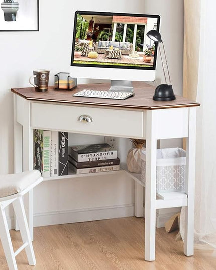 Nightcore Small, Wood Computer Desk, Compact Writing w/Drawer & Storage Shelves, Space Saving Study Workstation, Laptop PC Corner Table, Natural - LeafyLoom