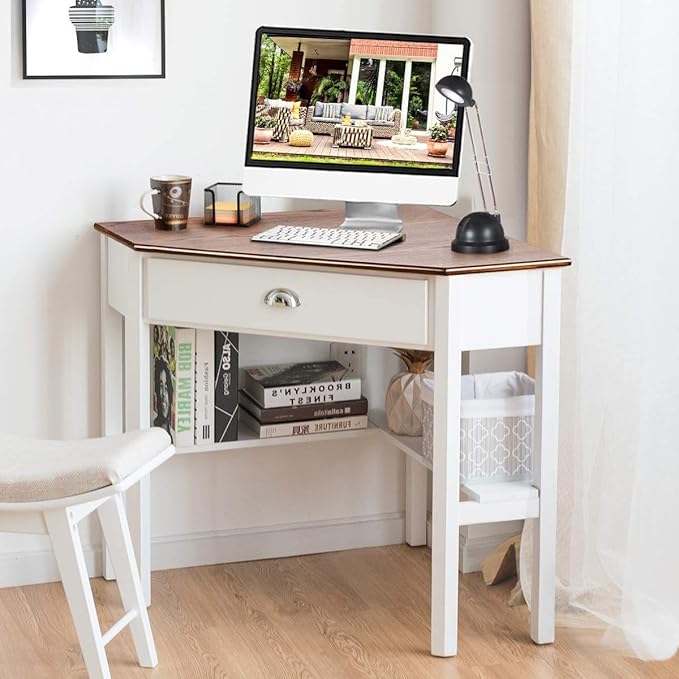 Nightcore Small, Wood Computer Desk, Compact Writing w/Drawer & Storage Shelves, Space Saving Study Workstation, Laptop PC Corner Table, Natural - LeafyLoom