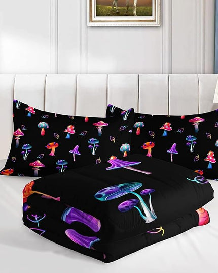 Colorful Mushroom Comforter Set Full Size Kids Mushroom Bedding Set Leaves Quilt Bed Set for Boys Girls Adults with 1 Comforter and 2 Pillowcases - LeafyLoom