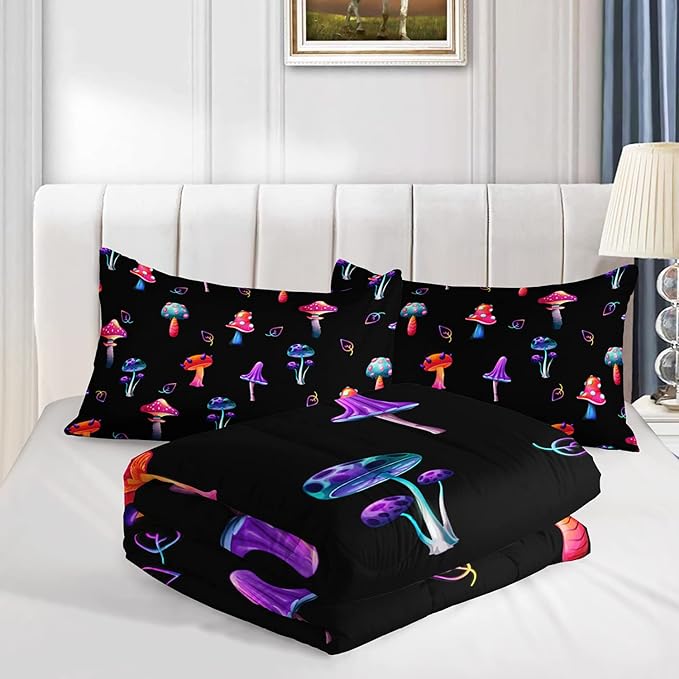 Colorful Mushroom Comforter Set Full Size Kids Mushroom Bedding Set Leaves Quilt Bed Set for Boys Girls Adults with 1 Comforter and 2 Pillowcases - LeafyLoom