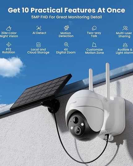 ieGeek 5MP Security Cameras Wireless Outside, Solar Camera Outdoor Wireless WiFi 360° PTZ Battery Powered with Spotlight & Siren/Motion Detection/Color Night Vision/2-Way Audio/IP65, Works with Alexa ieGeek