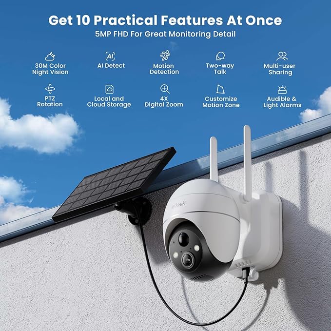 ieGeek 5MP Security Cameras Wireless Outside, Solar Camera Outdoor Wireless WiFi 360° PTZ Battery Powered with Spotlight & Siren/Motion Detection/Color Night Vision/2-Way Audio/IP65, Works with Alexa ieGeek