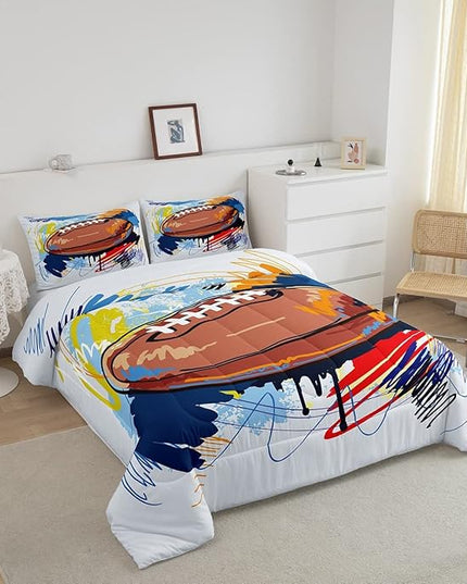 Boys Football Comforter Set Queen Kids Teen Sports Bedding Set Bedroom Decor,Watercolor Tie Dye Hand Drawn Graffiti Football Bedding Comforter Sets Rugby Quilt Duvet 2 Pillow Cases Colorful Brown - LeafyLoom